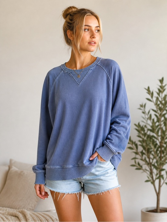 Zenana Outfitters Tops - Super cute and comfy Zenana vintage wash crewneck in a soft light blue shade 💙